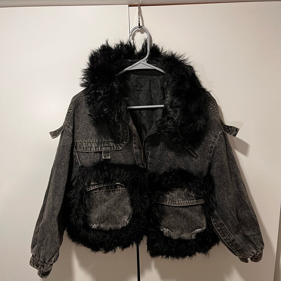 Black Denim Jacket with Fox Fur Trim